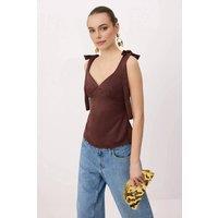 WOVCOR Women's Tie Strap Sweetheart Neck Satin Woven Blouse in Brown | Size: 12