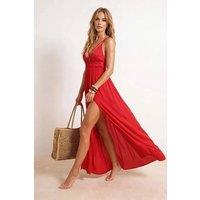 WOVCOR Women's Cross Strap Plunge Neck Maxi Beach Dress in Red | Size: XL
