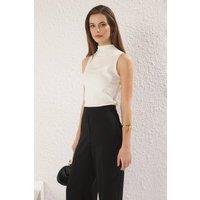 WOVCOR Women's High Neck Sleeveless Knitted Top in Ecru | Size: Small