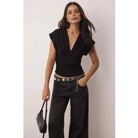 WOVCOR Women's Ruched V-Neck Fitted Knitted Top in Black | Size: Large