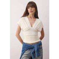 WOVCOR Women's Ruched V-Neck Fitted Knitted Top in Ecru | Size: XS
