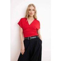 WOVCOR Women's Ruched V-Neck Fitted Knitted Top in Red | Size: Medium