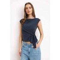 WOVCOR Women's Tie Detail Wrap Knitted Boat Neck Top in Dark Grey | Size: Small