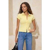 WOVCOR Women's Button Front Fitted Stretch Knit Polo Top in Lemon | Size: XS
