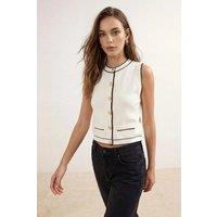 WOVCOR Women's Contrast Trim Button Detail Sleeveless Knit Top in Ecru | Size: Small