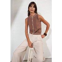 WOVCOR Women's Contrast Trim Button Detail Sleeveless Knit Top in Light Brown | Size: Small