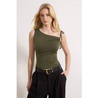 WOVCOR Women's Asymmetrical Tie Shoulder Stretch Knit Top in Khaki | Size: XS