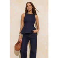 WOVCOR Women's Sleeveless Cotton Denim Peplum Top in Dark Blue | Size: Large