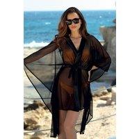 KDMD Women's Semi Sheer Tulle Satin Trim Negligee in Black | Size: XL
