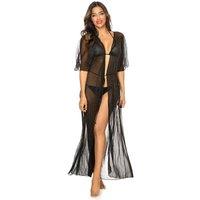 KDMD Women's Elegant Long Beach Tunic with Front Tie in Black | Size: 38