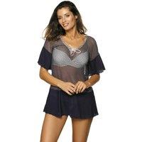 KDMD Women's Beach Mesh Tunic with V Neck Frill in Blue | Size: Medium