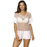 KDMD Women's Beach Mesh Tunic with Cuban Frill V Neck in White | Size: Large