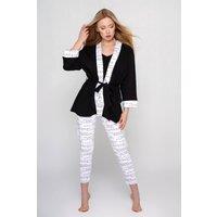 KDMD Women's Cotton Bathrobe With Bright Piped Trim in Black | Size: S/M