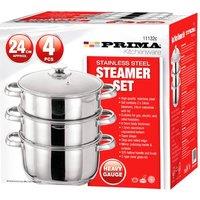 BARGAINS-GALORE 24cm Prima Steamer Set 4pcs Stainless Steel Cook Glass Lid Capsulated in Silver