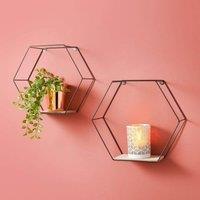SPOT ON DEALZ Set of 2 Black Hexagon Wall Shelves Metal Wire Floating Display Unit