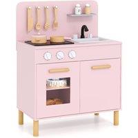 Costway Kids Kitchen Playset Toddler Pretend Play Kitchen w/Light up Stove-Pink in Pink