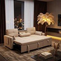 FENCHILIN Sofa Bed with Pullout Sleeper Reversible Chaise DropDown Cup Holder in Beige