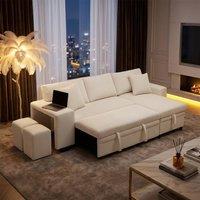 FENCHILIN L-Shaped Pullout Sofa Bed with Reversible Chaise 2 Ottomans in Beige