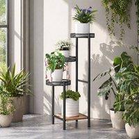 STILVORA 4-Tier Steel Plant Stand with Wooden Shelf, Black