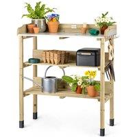 Christow Garden Potting Table Bench Wooden Metal Top Shelves Hooks in Natural