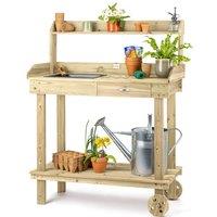 Christow Garden Potting Table Bench Wooden Workstation Wheels Tray in Natural
