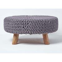 Homescapes Large Round Cotton Knitted Footstool on Legs in Grey