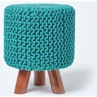 Homescapes Tall Cotton Knitted Footstool on Legs in Green