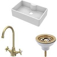 Balterley Fireclay 1 Bowl Butler Sink Tap Ledge Waste Tap Brushed Brass 795mm in White