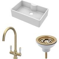 Balterley Fireclay 1 Bowl Butler Sink Tap Ledge Waste Tap Brushed Brass 795mm in White