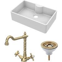 Balterley Fireclay 1 Bowl Butler Sink Tap Ledge Waste Tap Brushed Brass 795mm in White