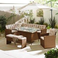 FurnitureboxUK Marbella 9 Seat Rattan Firepit Table Garden Dining Set in Beige