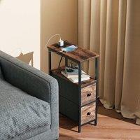 HOMCOM Side Table, Narrow Bedside Table with Charging Station, 2 Drawers in Dark Brown