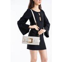 Belissh Women's Croc PU Leather Shoulder & Clutch Bag with Large Gold Buckle in Cream