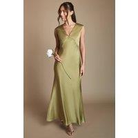 Oasis Women's Olive Satin Open Back Detail Maxi Bridesmaid Dress | Size: 10