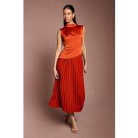 Coast Women's Drape High Neck Pleated Skirt Midi Dress in Rust | Size: 16