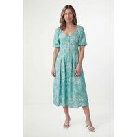 Wallis Women's Petite Floral Ottoman Twill Button Midi Dress in Sage | Size: 10