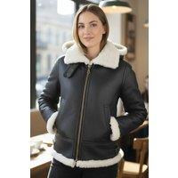 Infinity Leather Women's Hooded Sheepskin Flying Bomber Leather Jacket - Sovereign in Brown | Size: 20
