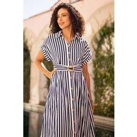 Yumi Women's White & Navy Stripe Print Relaxed Midi Shirt Dress With Belt | Size: 22