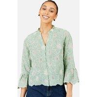 Yumi Women's Green Daisy Broderie Shirt With Fluted Sleeves in Mint | Size: 16