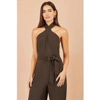 Yumi Women's Brown Cross Over Halter Neck Jumpsuit | Size: 18