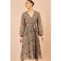 Yumi Women's Ditsy Floral Pleated Midi Dress in Brown | Size: 14
