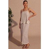 Femme Luxe Women's Tassel Trim Shoulder Top & Maxi Skirt Co-Ord Set in Light Brown | Size: 12