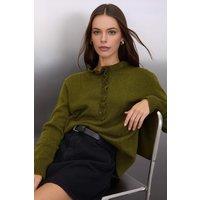 WOVCOR Women's Collared Button Detail Knitted Jumper in Khaki | Size: Large
