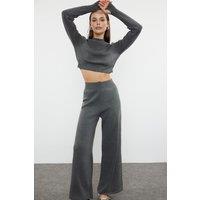 WOVCOR Women's Ribbed Knit Top & Wide Leg Pants Two Piece Set in Dark Grey | Size: XS