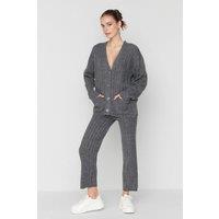 WOVCOR Women's 2-Piece Set Ribbed Knit Cardigan & Wide Leg Trousers in Dark Grey | Size: XL