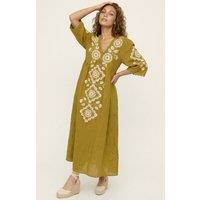 Raffya Women's Arianna V- Neck Embroidered Maxi Dress in Olive | Size: 8