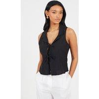 Brave Soul Women's Collared Tie Front Waistcoat in Black | Size: Small