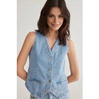 WOVCOR Women's Floral Embroidered Denim Waistcoat in Light Blue | Size: Medium