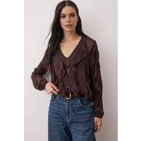 WOVCOR Women's Ruffled Boho Style Button-Up Shirt in Brown | Size: 6