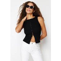 WOVCOR Women's Button Detail Sleeveless Ribbed Knit Fitted Top in Black | Size: Small